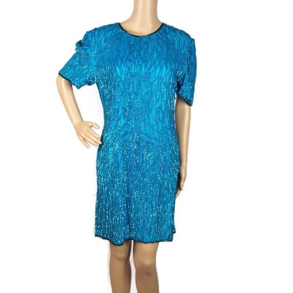 Vintage Laurence Kazar Blue Silk Sequin Dress Short Sleeve